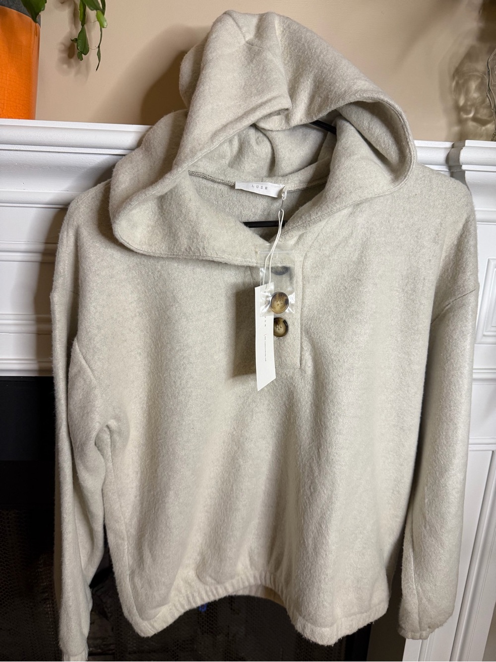 Lush Cream Brushed Fleece Henley Hoodie Sweater Button Up Cozy Slouchy Small